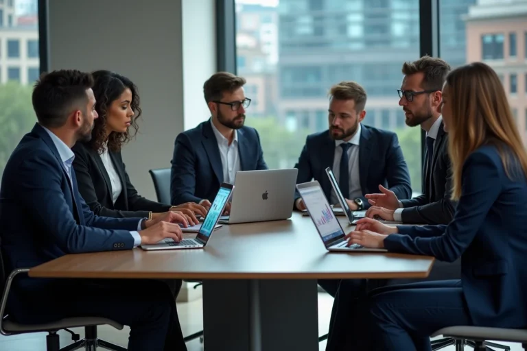 Groupe de professionnels en réunion avec ordinateurs et graphiques