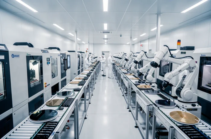 Salle blanche de fabrication de semi-conducteurs avec machines lithographiques et bras robotiques manipulant des plaquettes de silicium