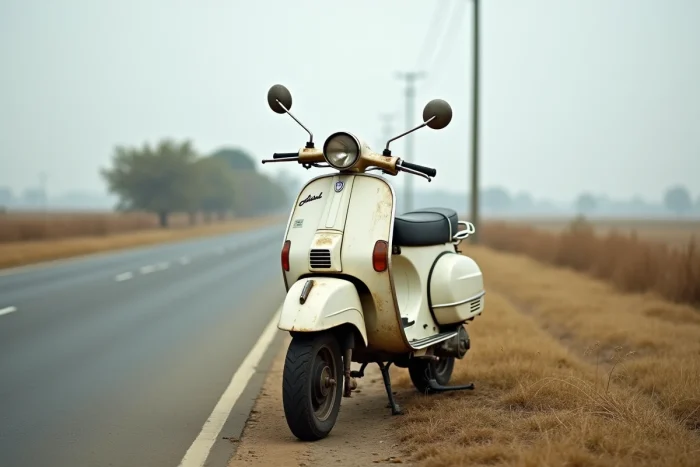 Scooter 125cc usé garé sur une route de campagne après des années d'utilisation intensive