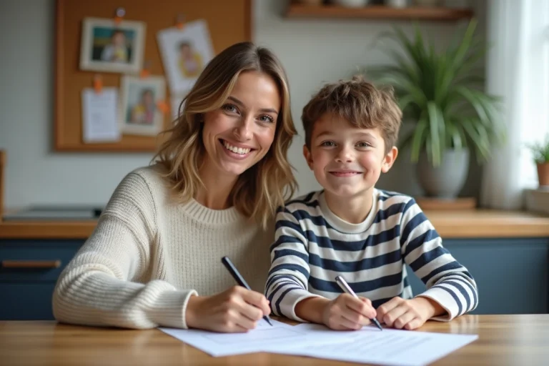Femme souriante signant un document avec son enfant dans la cuisine