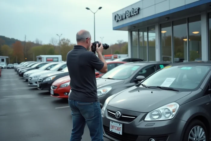 Vendeur photographiant une voiture d'occasion dans un parc automobile pour la publier sur une plateforme de vente en ligne