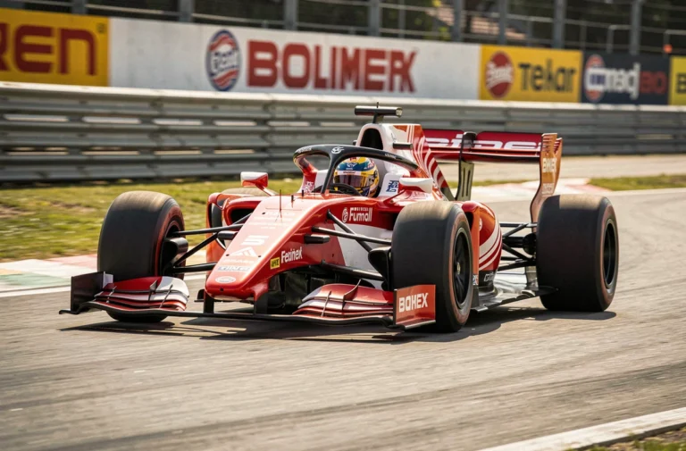 Voiture de course Formula rouge et blanche en plein virage sur un circuit de sport automobile professionnel